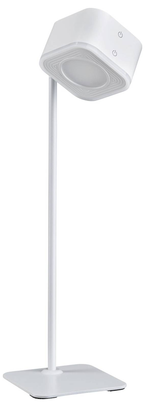 Lampe de table blanche et moderne avec un abat-jour carré et un socle rectangulaire, positionnée verticalement. Idéale pour un design minimaliste.