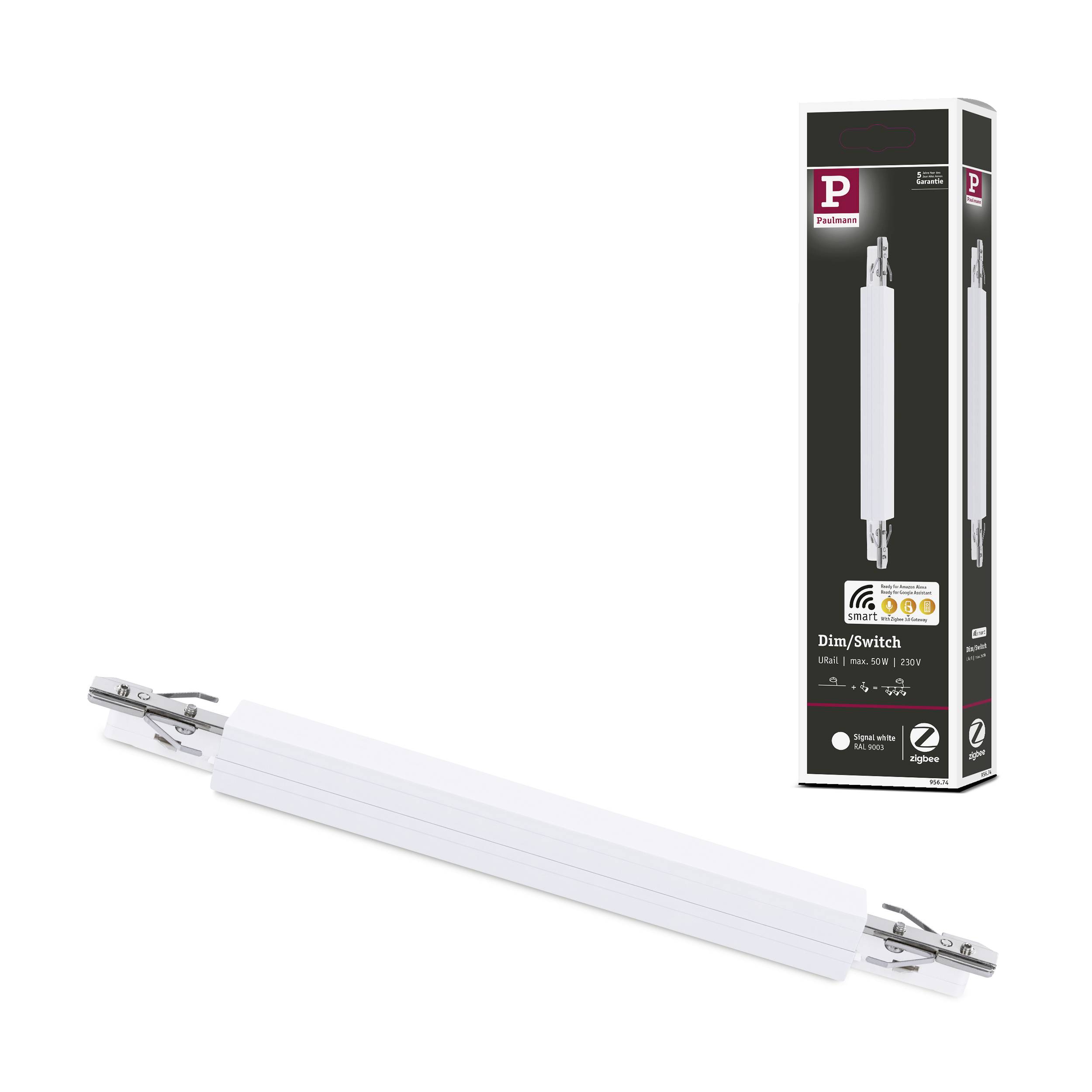 'Palmer Dim/Switch L-R8', dispositif rectangulaire blanc, télécommandable avec capuchon de bout transparent ; emballage en arrière-plan.