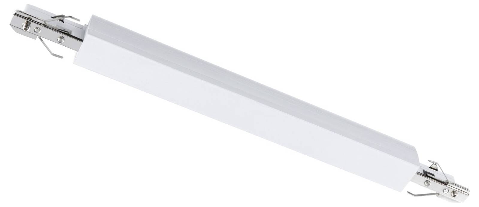 Une bande lumineuse LED blanche, allongée, avec des attaches métalliques argentées à chaque extrémité, placée diagonalement au centre de l'image.
