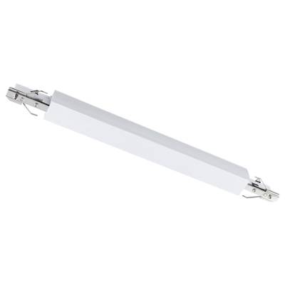 Une bande lumineuse LED blanche, allongée, avec des attaches métalliques argentées à chaque extrémité, placée diagonalement au centre de l'image.