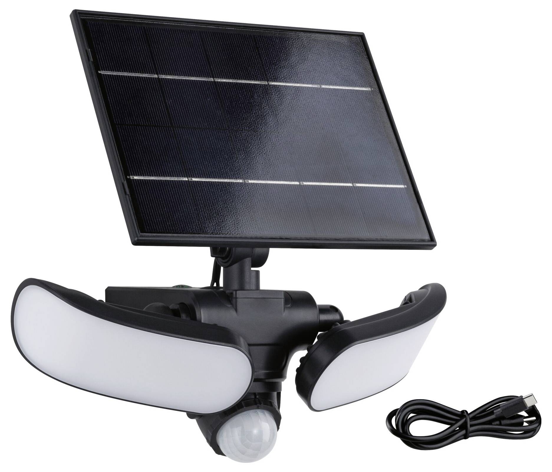 Lampe solaire équipée de deux panneaux LED orientables et d'un module solaire, comprenant un câble de charge USB. Idéale pour un éclairage écologique et économe en énergie.