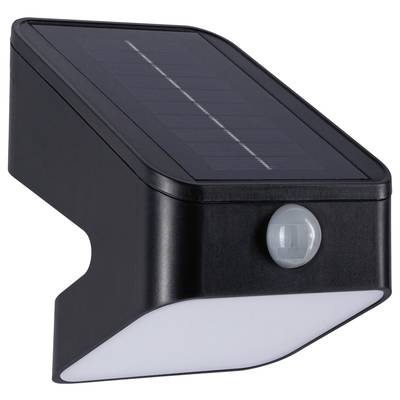 Lampe solaire noire avec détecteur de mouvement intégré et panneau solaire sur la face supérieure.