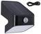 Lampe solaire noire avec détecteur de mouvement intégré et câble USB, adaptée à l'éclairage extérieur.