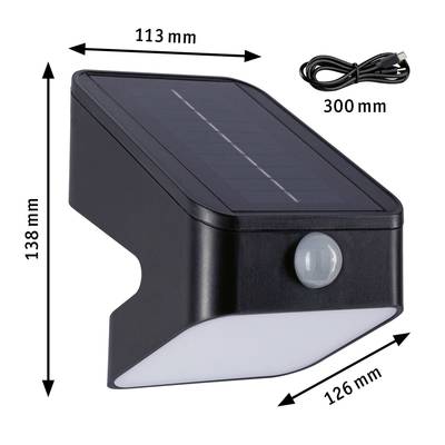 Lampe solaire noire avec détecteur de mouvement, dimensions : 113 mm x 126 mm x 138 mm. Comprend un câble de charge de 300 mm.