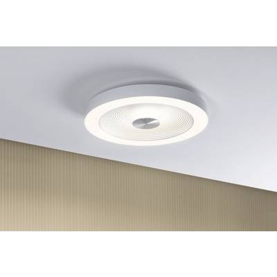 Luminaire de plafond moderne au design circulaire blanc, diffusant une lumière douce depuis le plafond. L'arrière-plan révèle un mur beige.