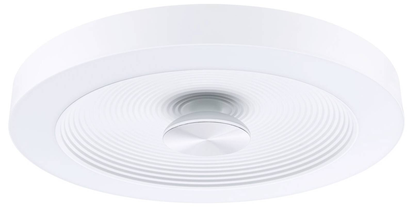Luminaire de plafond rond et moderne en blanc à surface structurée. Il présente un élément central circulaire et un design minimaliste.