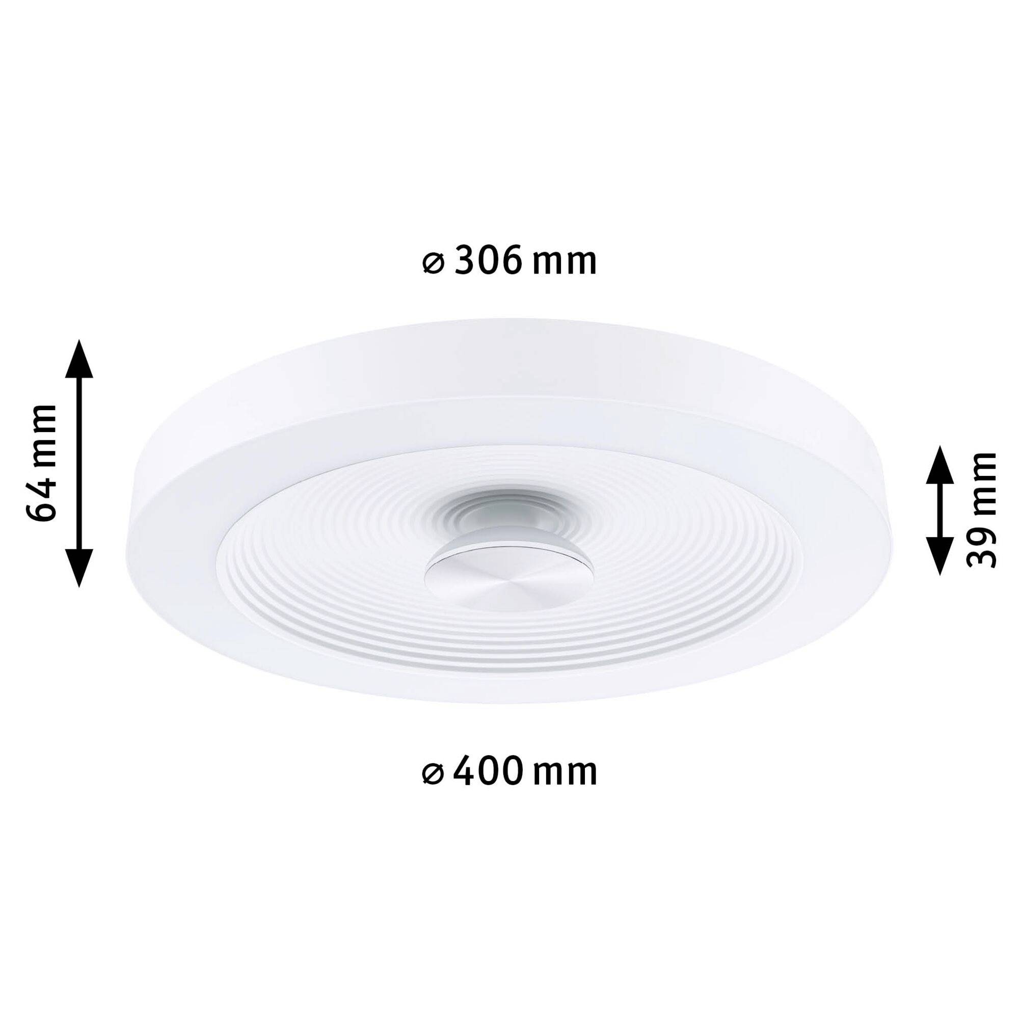 Un luminaire de plafond rond d'un diamètre de 400 mm et d'une hauteur de 64 mm. Une pièce supplémentaire a un diamètre de 306 mm et une hauteur de 39 mm.