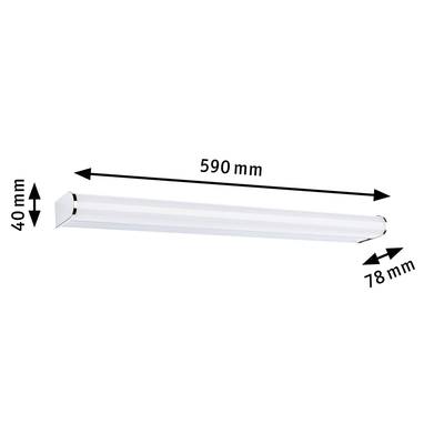 Lampe LED blanche avec des dimensions de 590 mm de longueur, 40 mm de hauteur et 78 mm de largeur, représentée par des flèches noires.