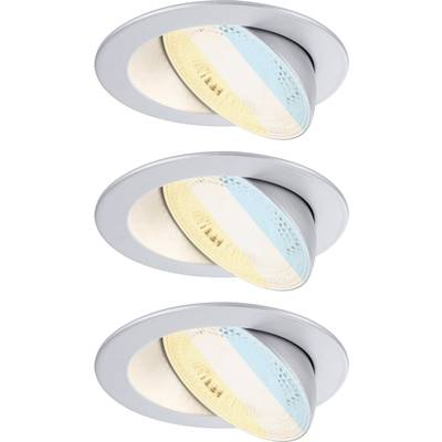 Trois spots encastrables ronds et orientables avec un cadre blanc, présentant différentes températures de couleur allant du blanc chaud au blanc froid.