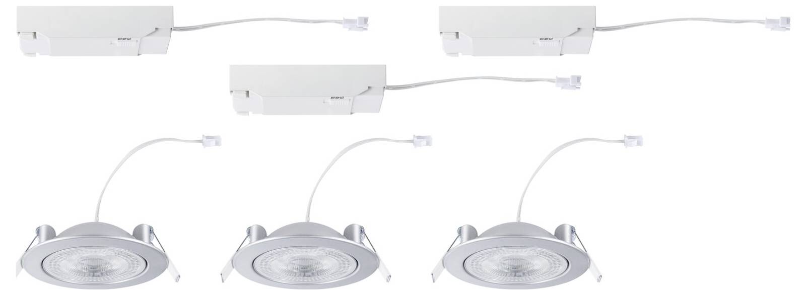 'Trois spots encastrables LED circulaires avec des boîtiers blancs, chacun relié à un boîtier de raccordement rectangulaire blanc par des câbles.'