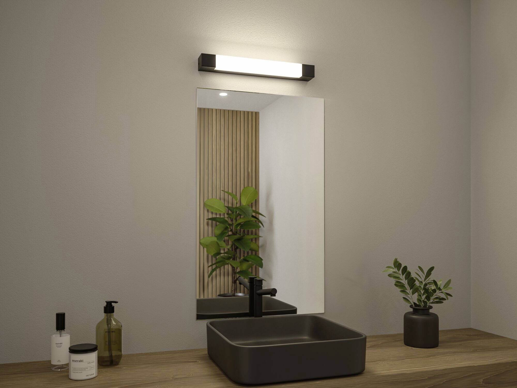 Conception moderne de salle de bain avec un miroir rectangulaire, un lavabo sombre, un éclairage élégant et des plantes sur une console en bois.