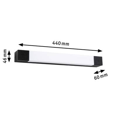 Lampe LED blanche de forme cubique, dimensions : 440 mm de large, 46 mm de hauteur, 60 mm de profondeur.