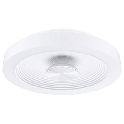 Lampe de plafond blanche, ronde, avec un motif circulaire et un élément central.