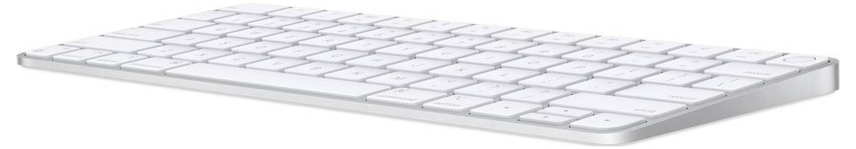 Clavier d'ordinateur blanc sans fil, au design plat et à la disposition compacte.