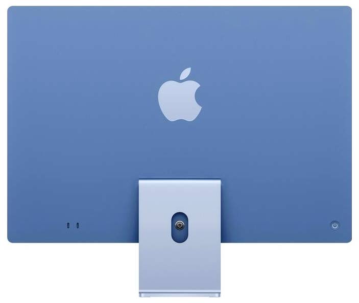 Vue arrière d'un ordinateur bleu avec un grand logo Apple blanc au centre. Le socle est également bleu.