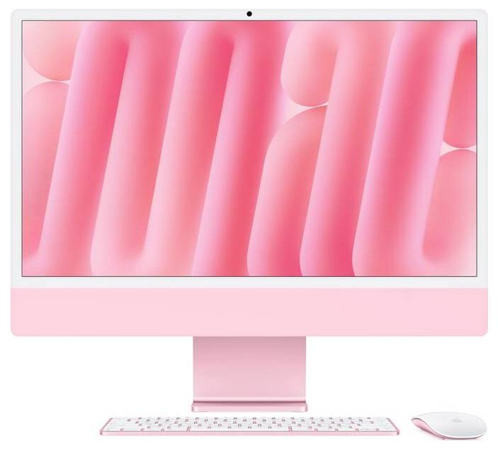 Un ensemble d'ordinateur de bureau rose avec écran, clavier et souris, affichant un motif géométrique rose.