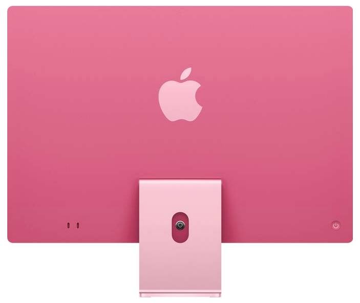 Dos d'un ordinateur de bureau rose avec le logo Apple au centre.