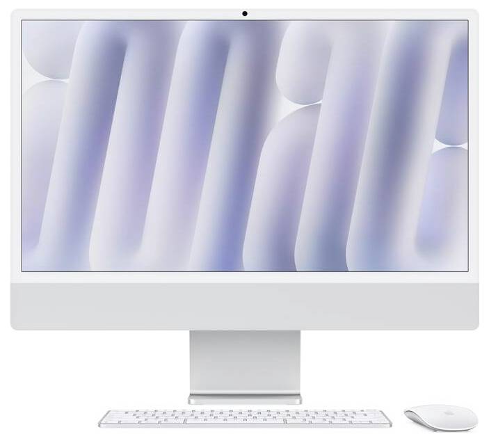 Un ordinateur de bureau tout-en-un moderne avec un boîtier gris clair, un clavier et une souris sans fil sur un fond blanc.