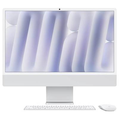 Un ordinateur de bureau tout-en-un moderne avec un boîtier gris clair, un clavier et une souris sans fil sur un fond blanc.