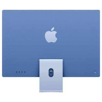 Un ordinateur de bureau bleu d'Apple vu de dos, avec le logo Apple au centre. Le socle est également bleu.