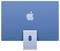 Un ordinateur de bureau bleu d'Apple vu de dos, avec le logo Apple au centre. Le socle est également bleu.