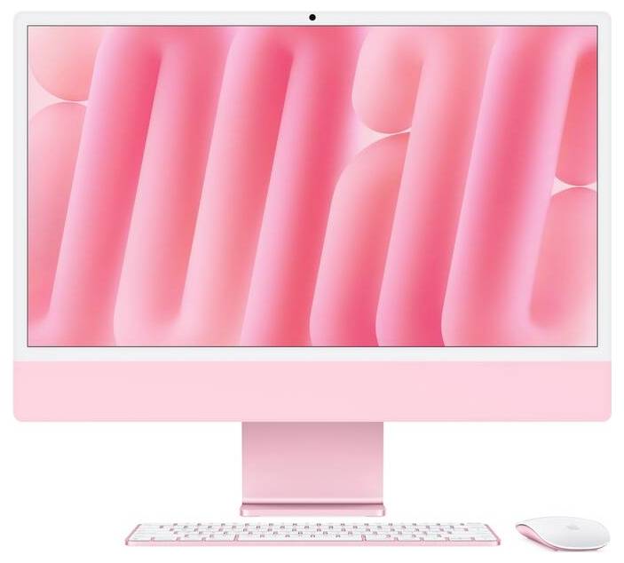 Un ordinateur de bureau rose avec clavier et souris, écran affichant un design abstrait rose.
