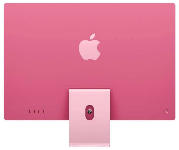 Dos d'un ordinateur rose avec un logo pomme au centre et un objectif de caméra sur le support.