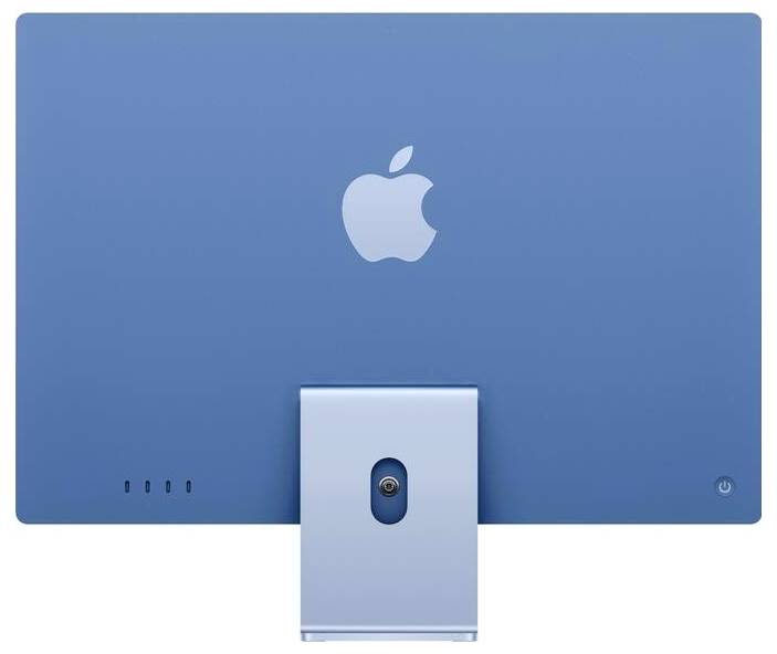 Écran d'ordinateur bleu avec le logo Apple au dos, monté sur un support stable.