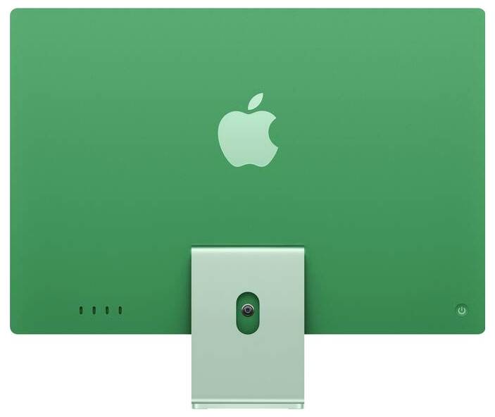 Vue arrière d'un iMac vert avec le logo Apple. Le pied est placé au centre.