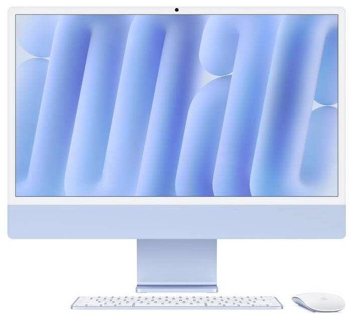 Un ordinateur de bureau bleu avec un clavier et une souris. Un motif abstrait bleu est visible à l'écran.