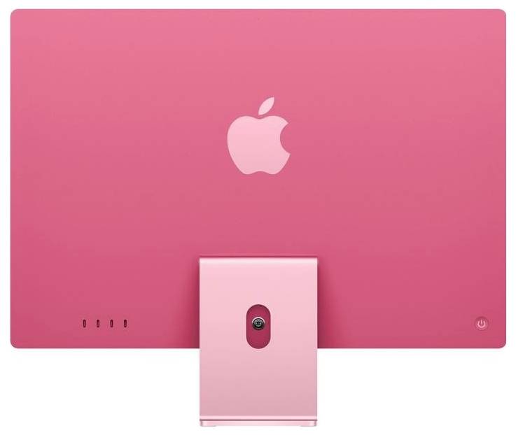 Dos d'un moniteur d'ordinateur rose avec le logo Apple et son support.