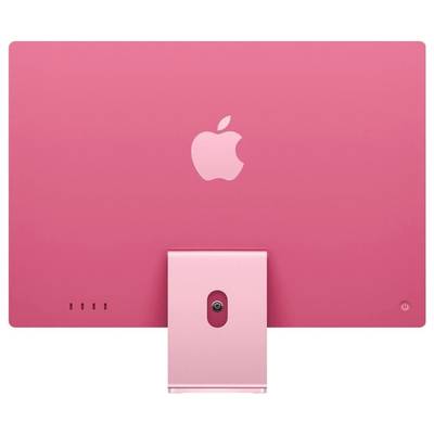 Dos d'un moniteur d'ordinateur rose avec le logo Apple et son support.