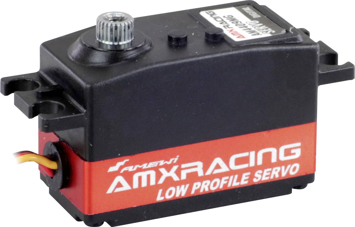 Servo à bas profil de la marque AMXRACING, noir et rouge avec un engrenage métallique sur le dessus. Couramment utilisé dans les véhicules télécommandés.