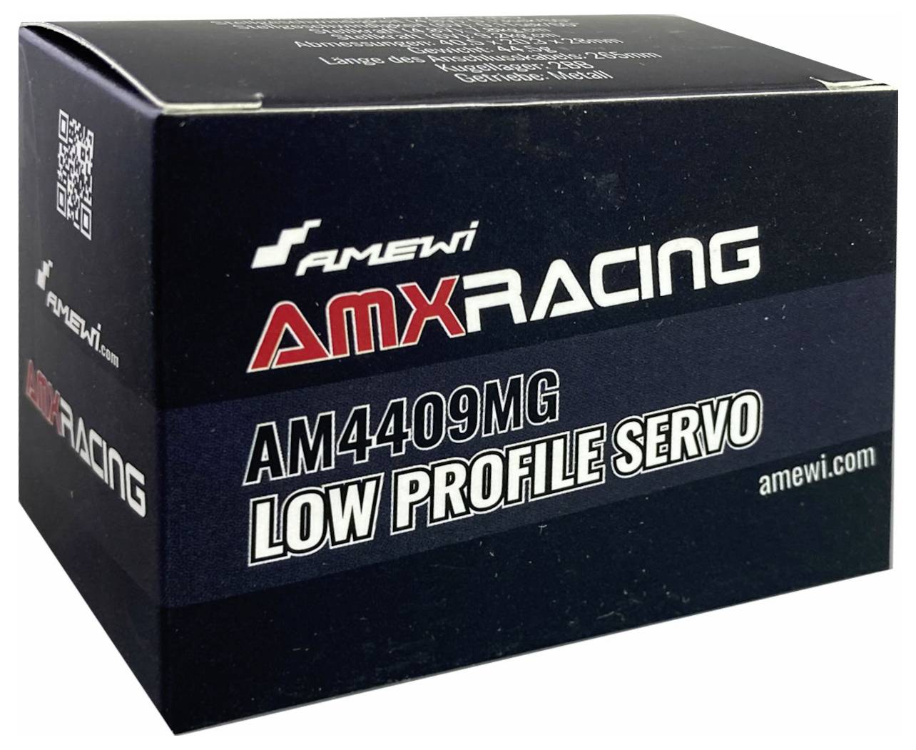 Boîte en carton noir portant l'inscription 'AMX Racing', 'AM4409MG Low Profile Servo' d'Amewi. Contient un modèle de servomoteur.