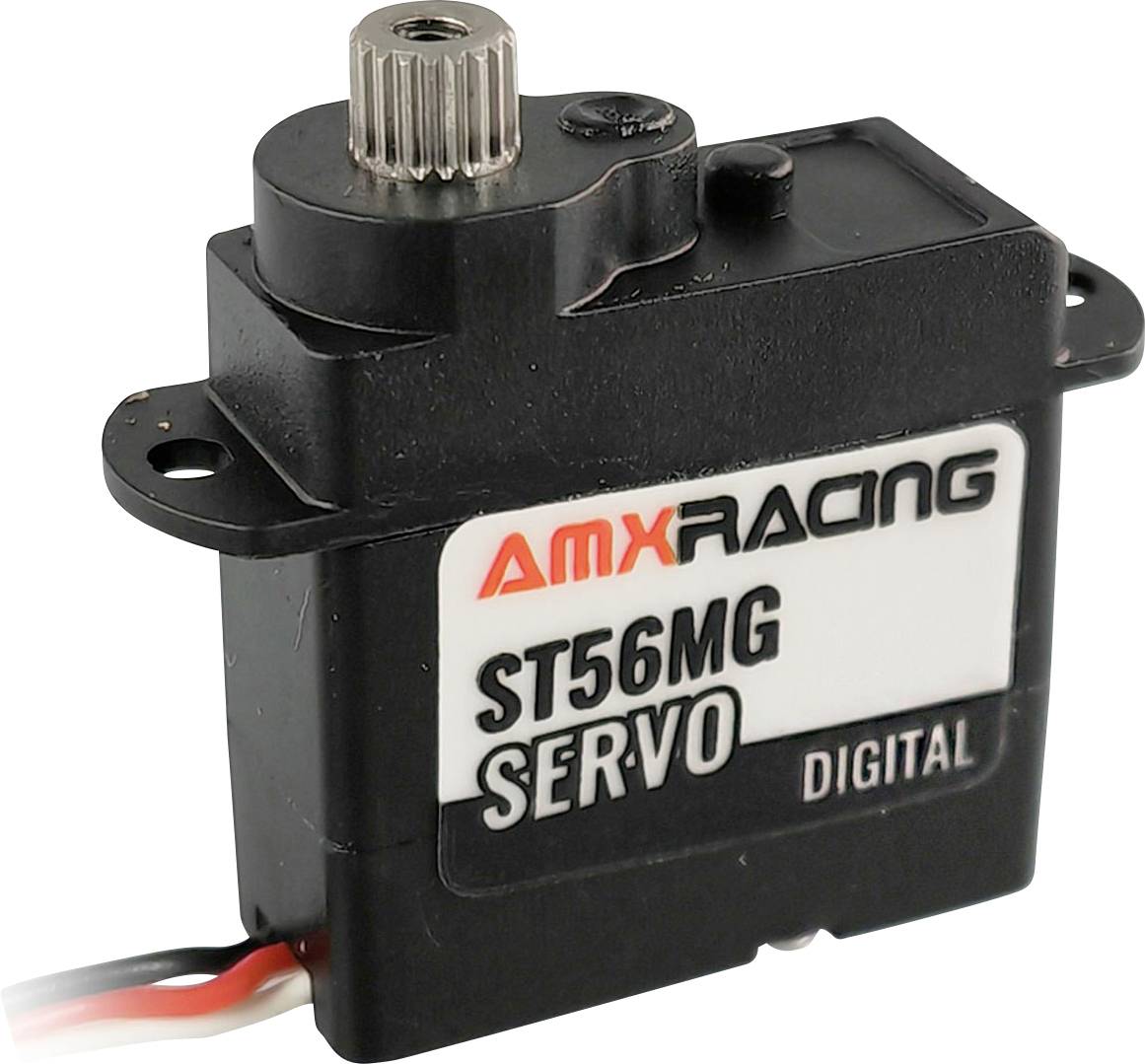 Un module de servomoteur numérique noir portant l'inscription 'AMXRACING ST5MG SERVO DIGITAL' sur son boîtier.