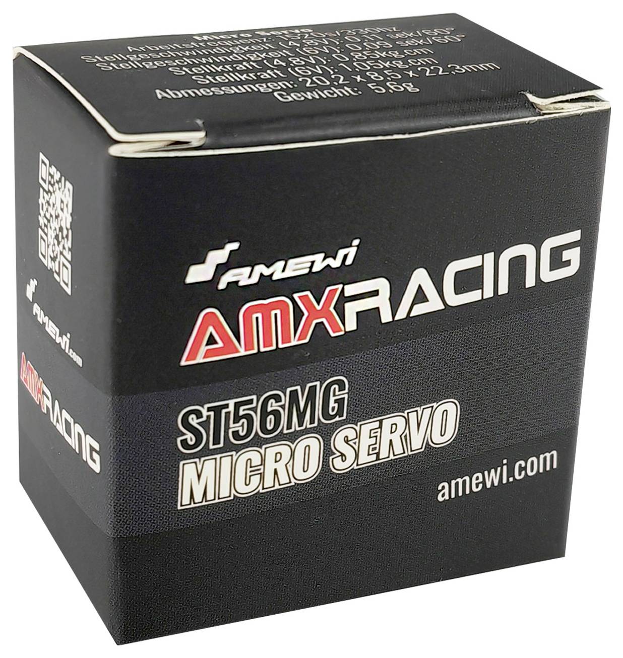 Emballage noir d'un servo micro AMX Racing ST56MG d'Amewi avec caractéristiques techniques et impression du logo.