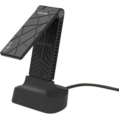 Antenne WLAN 'WAVLINK' au design moderne et élégant, positionnée verticalement sur son support. Connexion par câble visible.