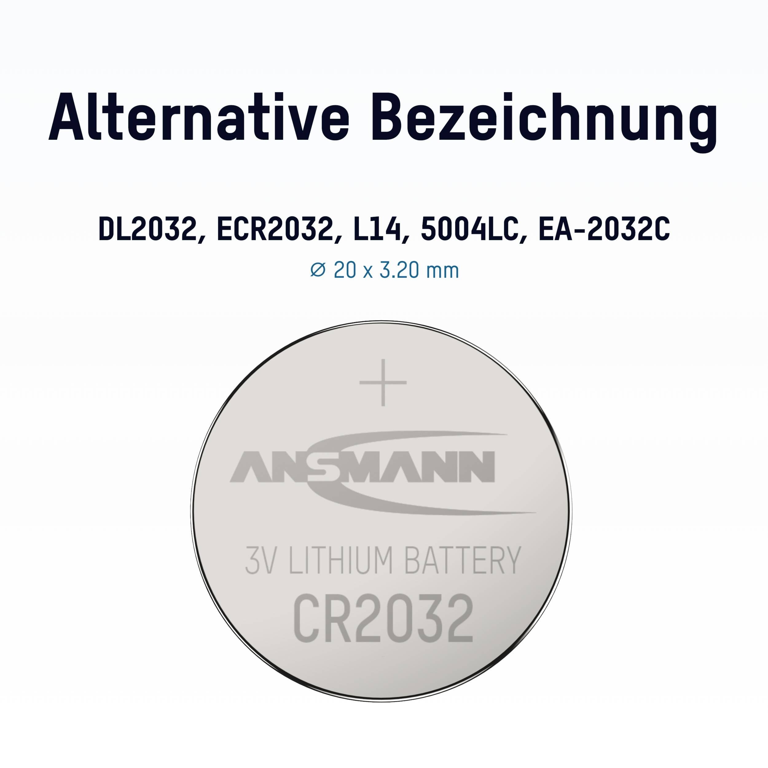 Une pile lithium CR2032 d'Ansmann avec les désignations alternatives : DL2032, ECR2032, L14, 5004LC, EA-2032C.