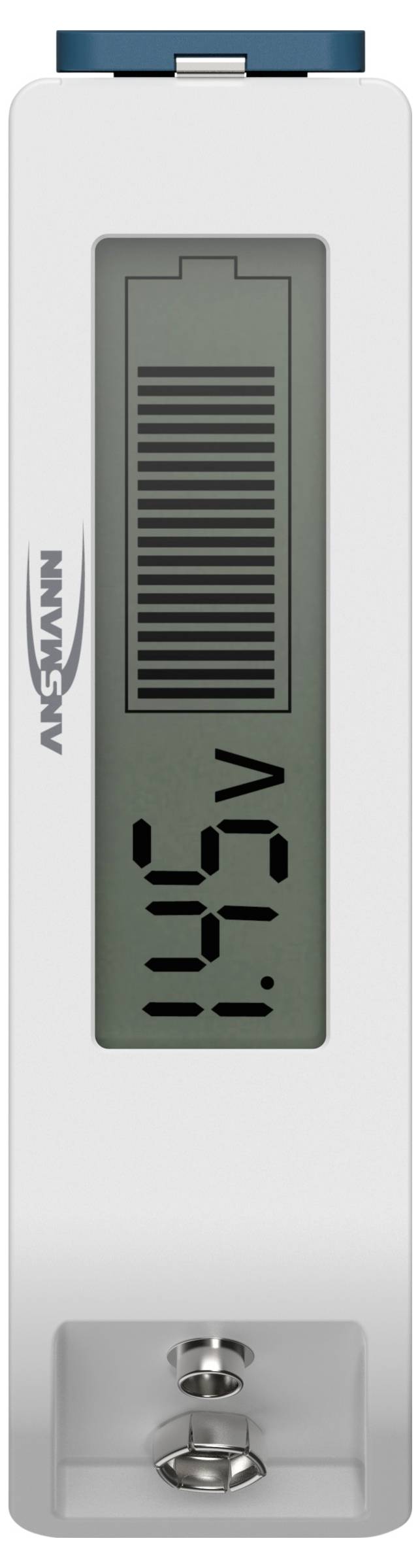 Un voltmètre numérique affiche '1,2 V', avec un indicateur graphique de l'état de la batterie. Le nom de marque 'ANSMANN' est visible sur le boîtier.