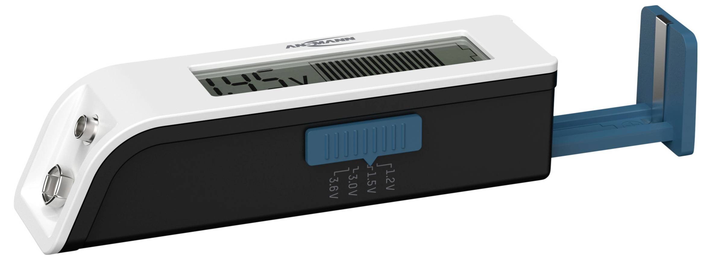 Appareil de mesure numérique de tension avec interrupteur latéral, affichant '14,5 V' sur l'écran, sonde bleue sortie.