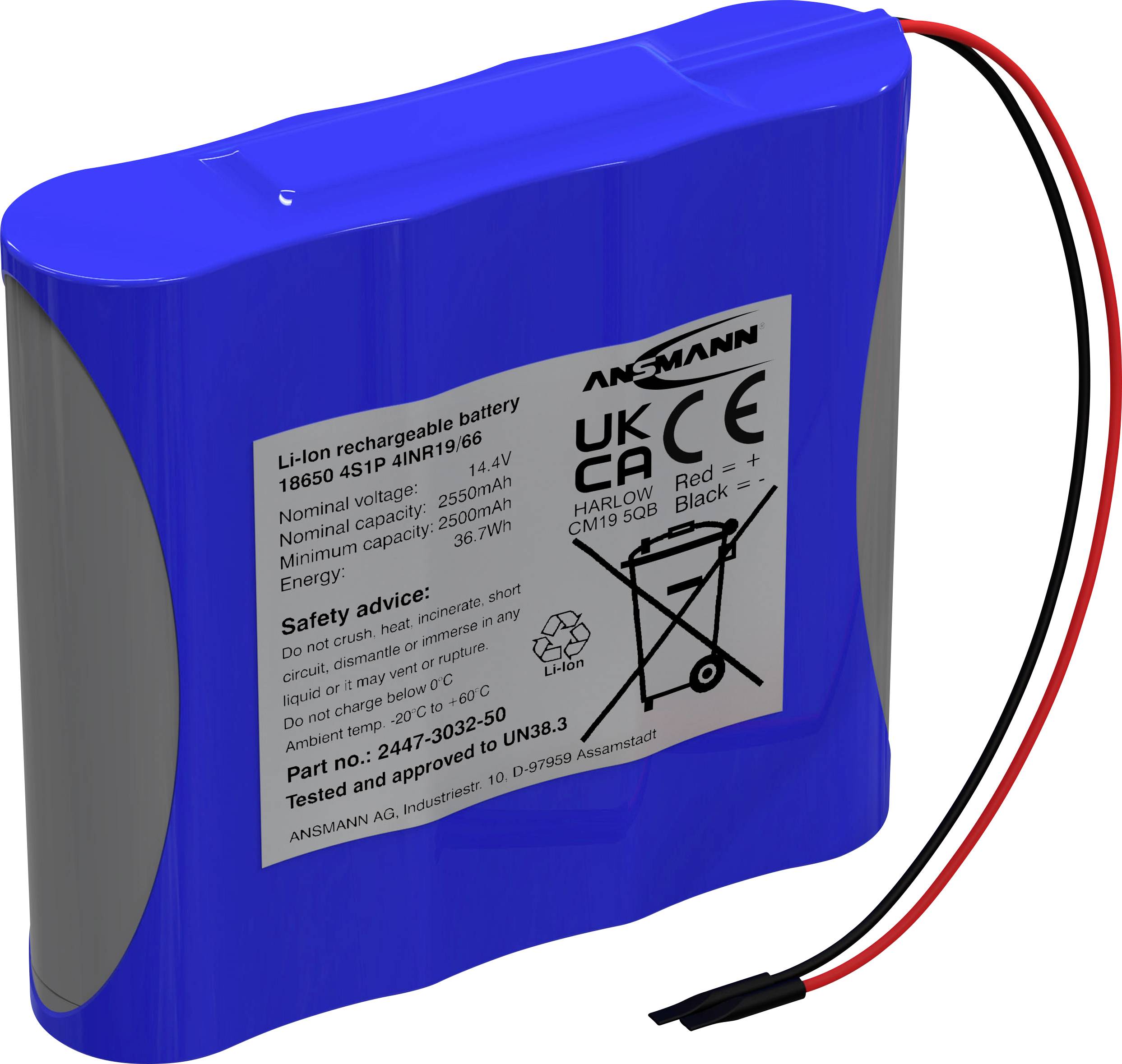 Une batterie bleue rechargeable Li-Ion 16,4V avec des instructions de sécurité et des données techniques présentées sur une étiquette.