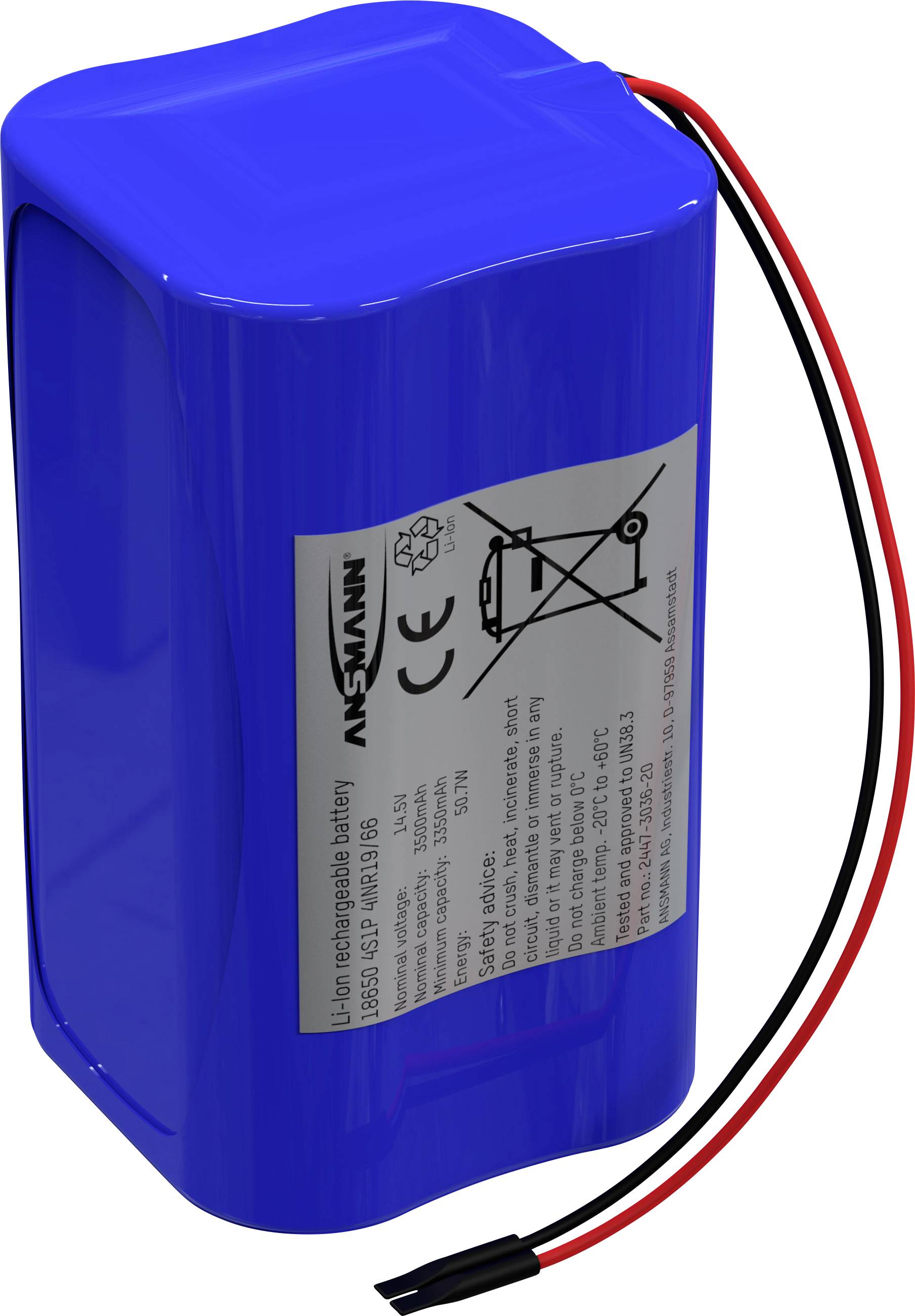 Batterie Li-ion rechargeable bleue avec câble rouge et noir et étiquette de spécifications.