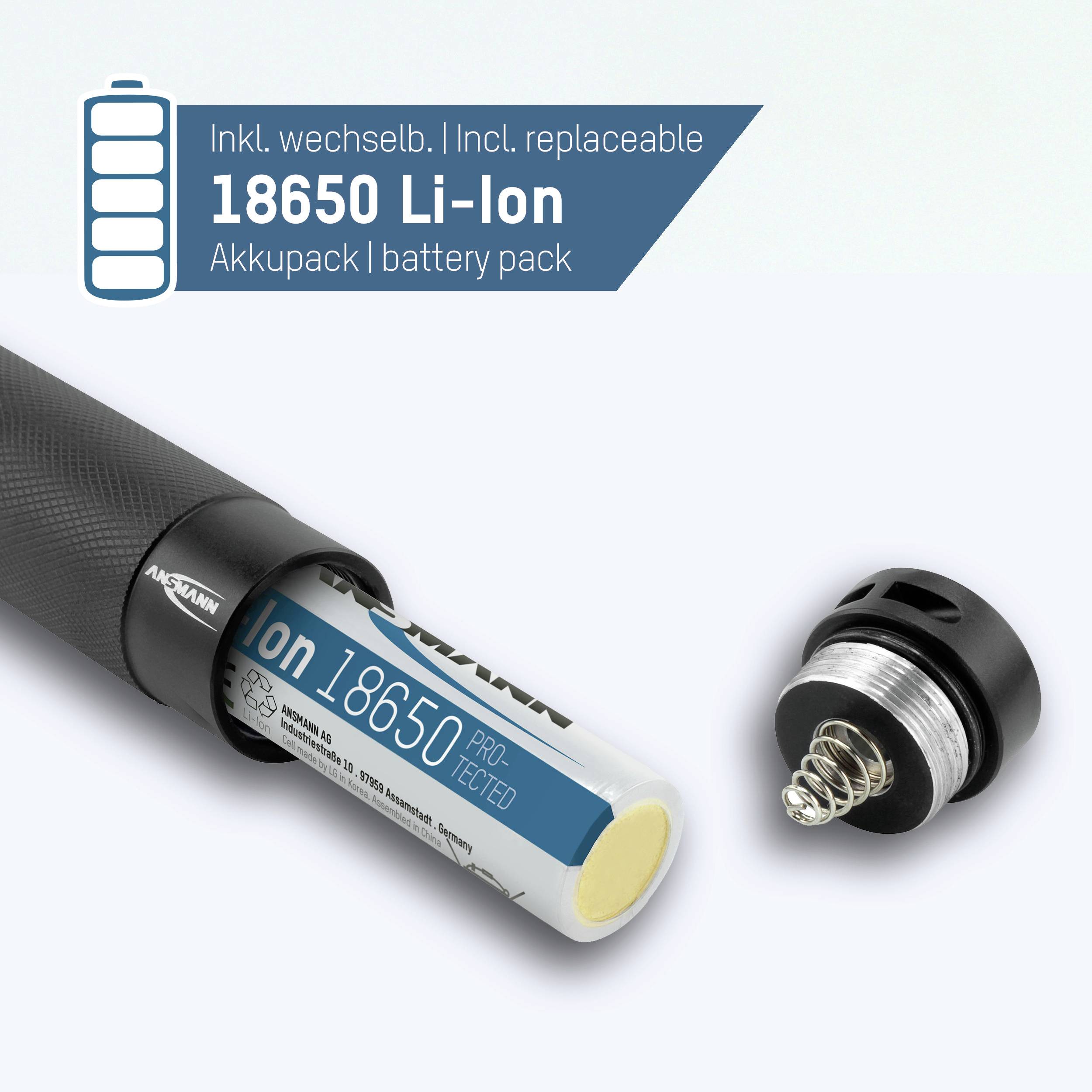 Une batterie lithium-ion est installée dans un appareil cylindrique. Texte 'Incl. pack batterie Li-Ion interchangeable'.