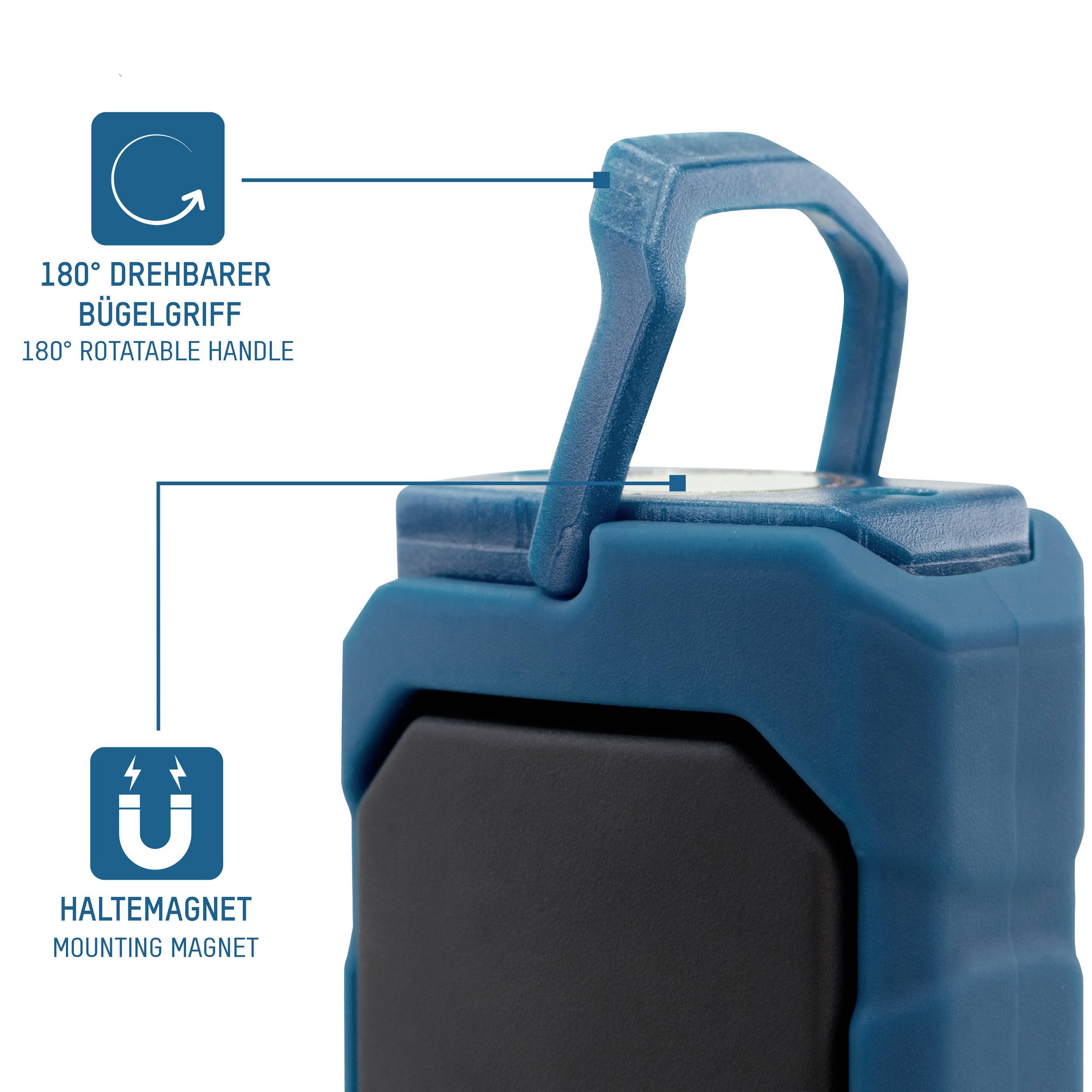 Poignée pliable bleue portable pivotant à 180 degrés avec aimant de maintien et de montage.