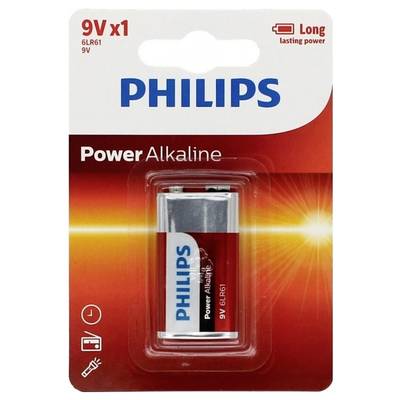 'Pile alcaline Philips 9V en emballage, 9V x1, longue durée de vie, Modèle 6LR61. Adaptée aux appareils à forte consommation énergétique.'