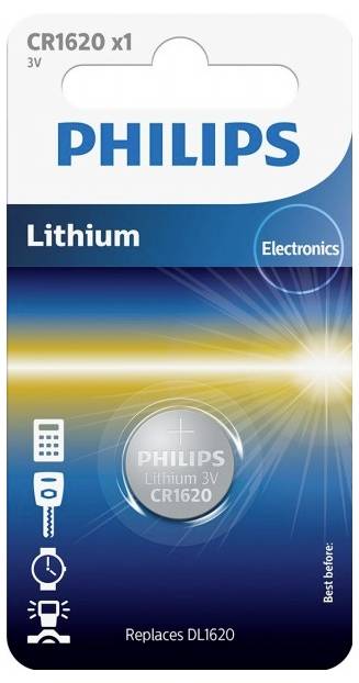 Un emballage de pile lithium Philips, type CR1620, 3V, pour appareils électroniques. Texte : 'Remplace DL1620'.