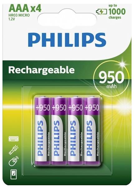 Quatre piles rechargeables AAA de 950 mAh de la marque Philips dans un emballage vert.