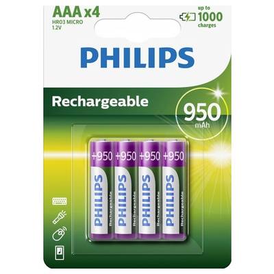 Quatre piles rechargeables AAA de 950 mAh de la marque Philips dans un emballage vert.