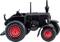 Un petit modèle noir d'un tracteur Lanz avec des roues rouges marquantes.