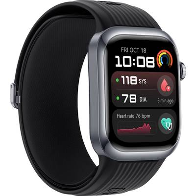 Montre connectée avec bracelet noir affichant l'heure 10:08, la date 'VEN 18 OCT', et des données de santé telles que la tension artérielle 118/78 et la fréquence cardiaque 76 bpm.